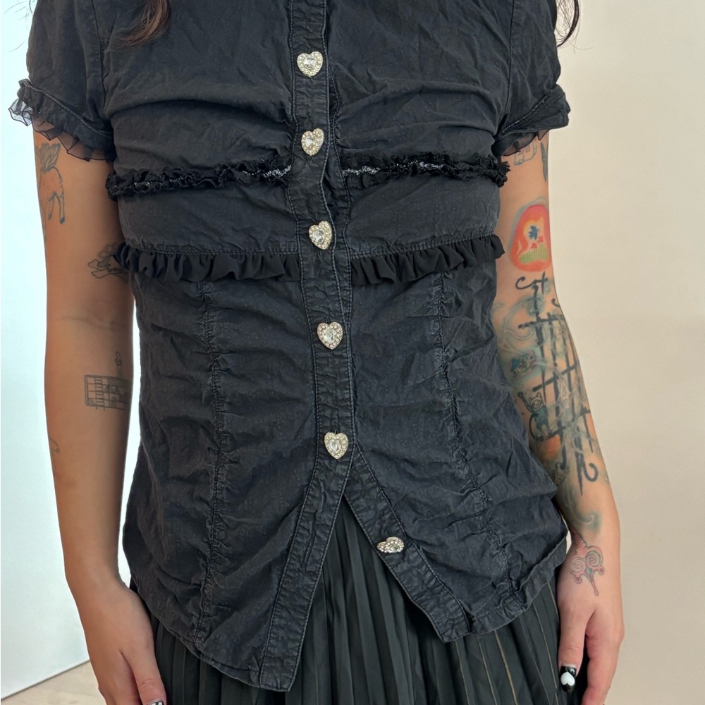Heart Button Black Ruffled Women's Top